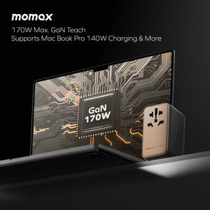 Momax 1-World 4-Port GaN Travel Charger 170W + USB-C Cable - Sandstone