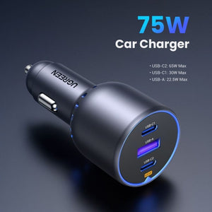 UGREEN 75W 3-Port PD Fast Car Charger - Gray