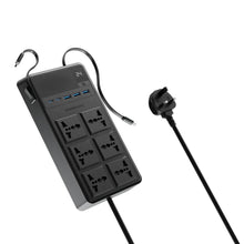 Load image into Gallery viewer, Powerology 2500W 6 AC Power Strip with Built-In Retractable Type-C and Lightning Cable 5 USB Ports - Black
