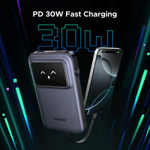 UGREEN Uno Robotic Power Bank 10000mAh 30W with Built-In USB-C Cable - Gray