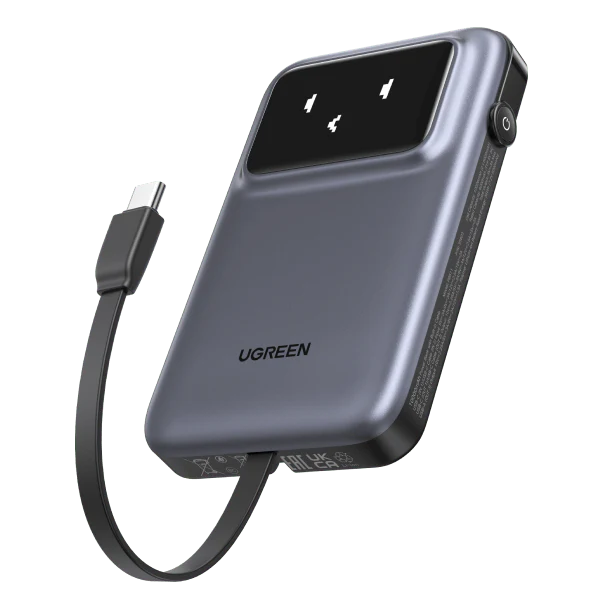 UGREEN Uno Robotic Power Bank 10000mAh 30W with Built-In USB-C Cable - Gray