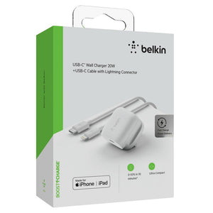 Belkin Wall Charger 20W AC Charger with Lightning to USB-C Cable UK Plug - White