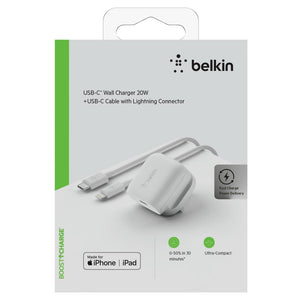 Belkin Wall Charger 20W AC Charger with Lightning to USB-C Cable UK Plug - White