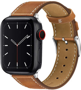 Marge Plus Compatible with Apple Watch Band Genuine Leather (42mm 44mm)-BROWN/SILVER