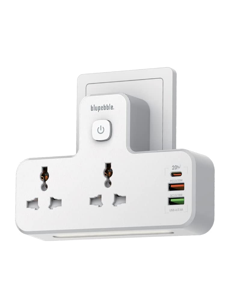 Blupebble Surge Protection Wall Adapter 2 Universal Socket w/ 2 USB port QC3.0+PD-White