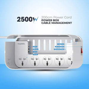Blupebble Power Box Cable Management 5 Universal Socket w/ 2 USB port QC3.0+PD- White